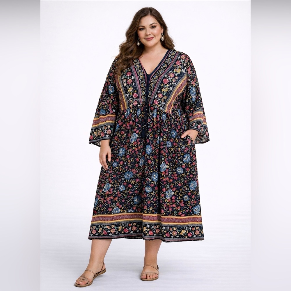 Pin-up Fashion 100% Viscose Blue and Red Long Sleeve V-Neck Sundress Size 24 EUC